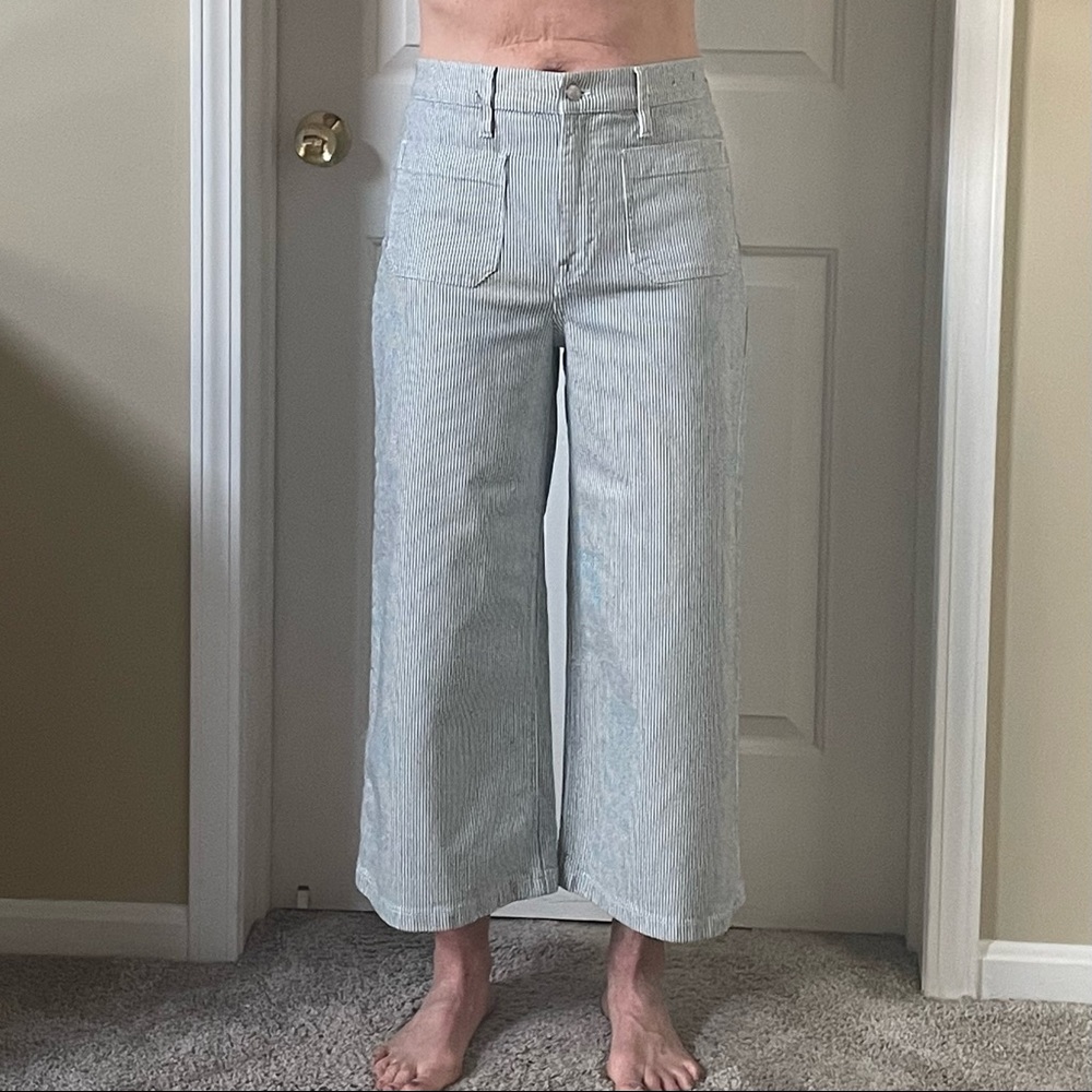 High waisted, wide leg, cropped, pin striped jeans